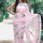 fancy hand painted organza saree in dull pink shade enhanced with sequin and gota detailing.