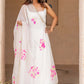 Fancy anarkali dress in white color with hand painted floral organza anarkali dupatta. enhanced with gota edging.