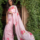 hand-painted fuchsia roses on  silk organza baby pink color saree  
