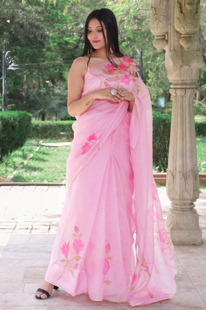 Pink and white handloom & hand dyed leheriya saree
