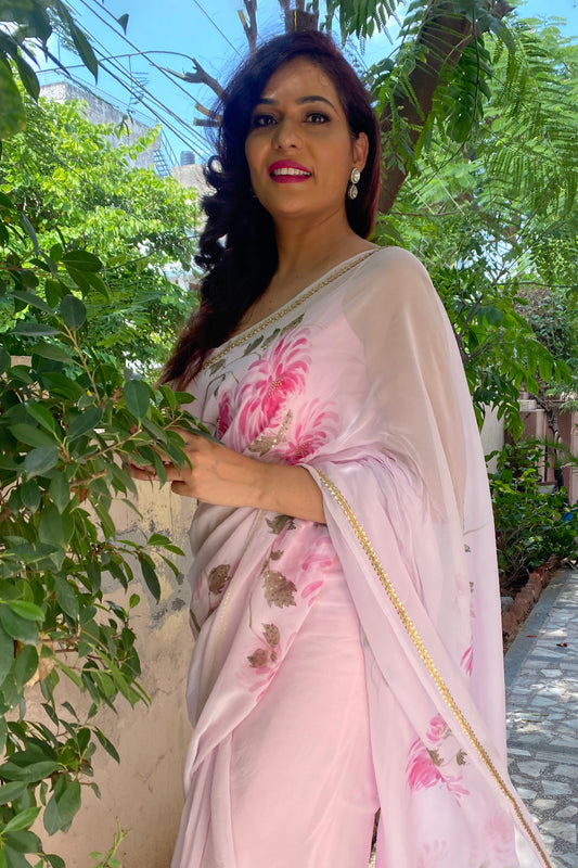 PINK CHRYSANTHEMUM ORGANZA SAREE