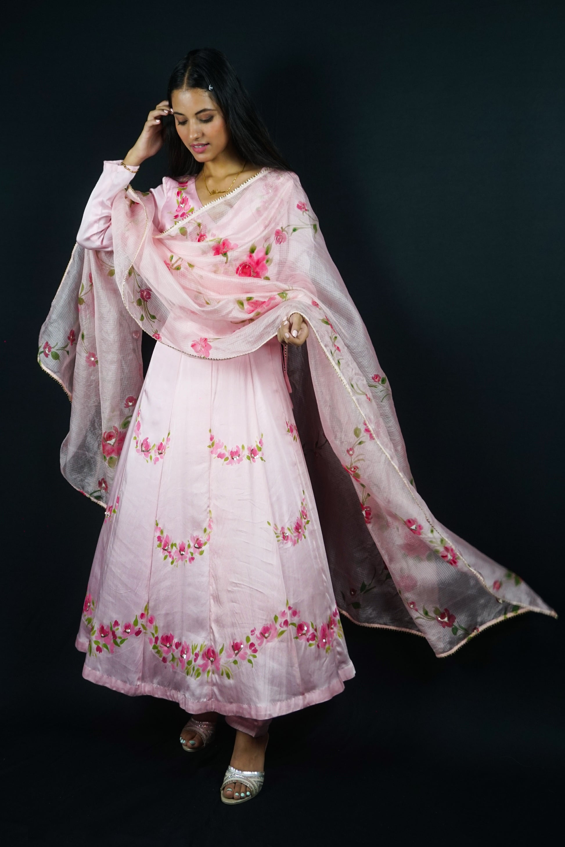 hand painted Anarkali with pants, hand paint rose flowers on pink modal satin paired with kota doria painted dupatta.