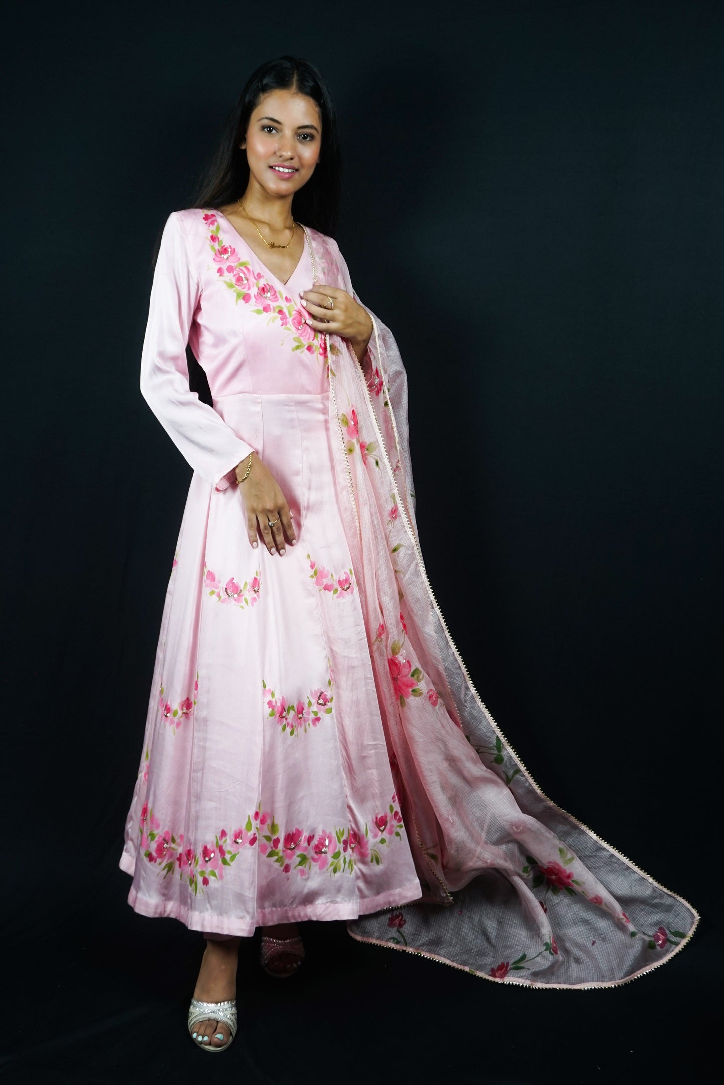 hand painted Anarkali with pants, hand paint rose flowers on pink modal satin paired with kota doria painted dupatta.