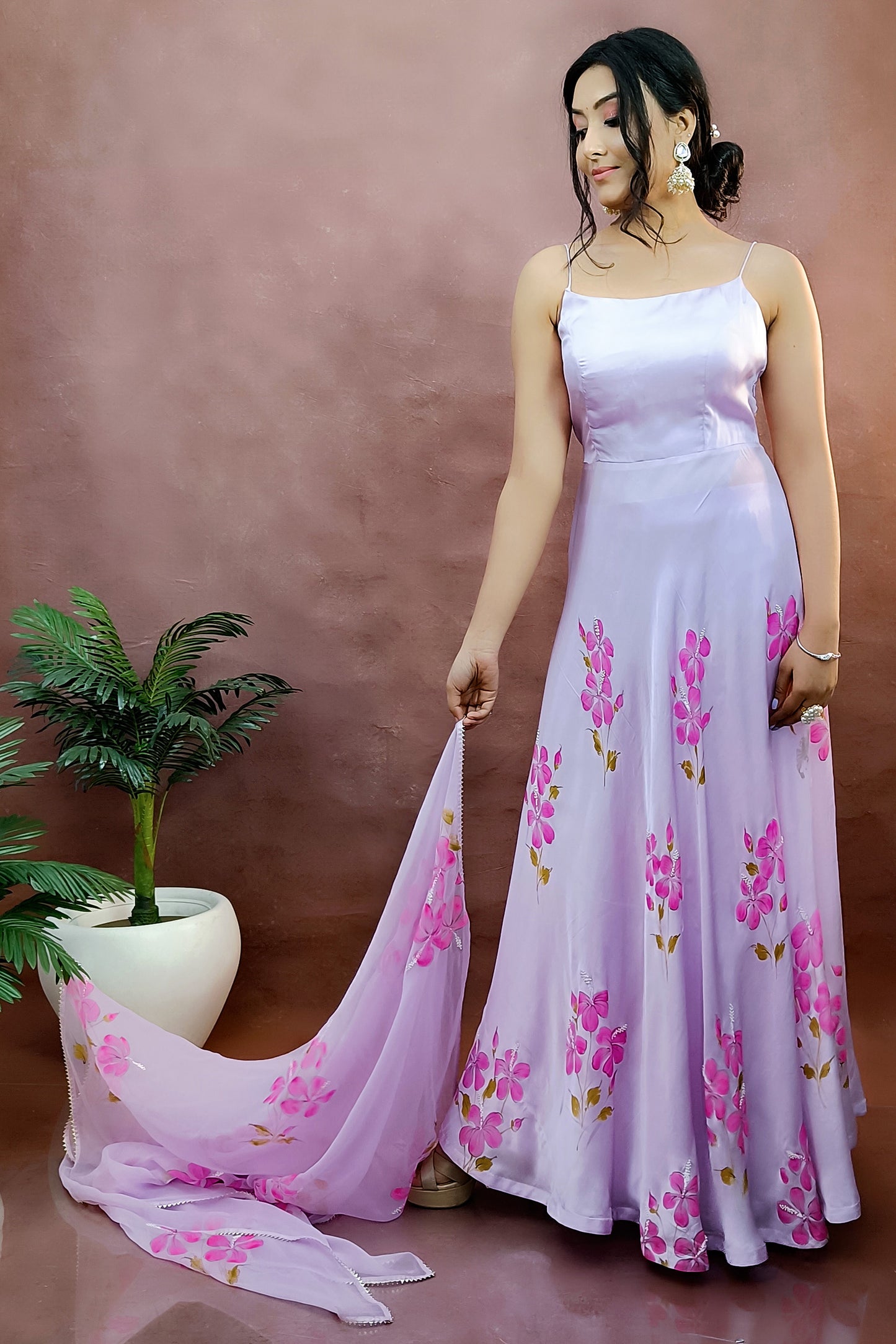 Hand painted hibiscus floral lavender modal satin anarkali suit with chiffon dupatta,  enhanced with pearl embroisery.
